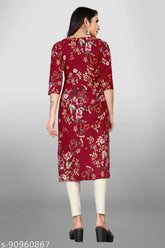 Multicolor flower printed women's crepe straight kurta, poly crepe, long sleeves, XL (Bust 42in, Size Length 41in), flaunts sartorial elegance